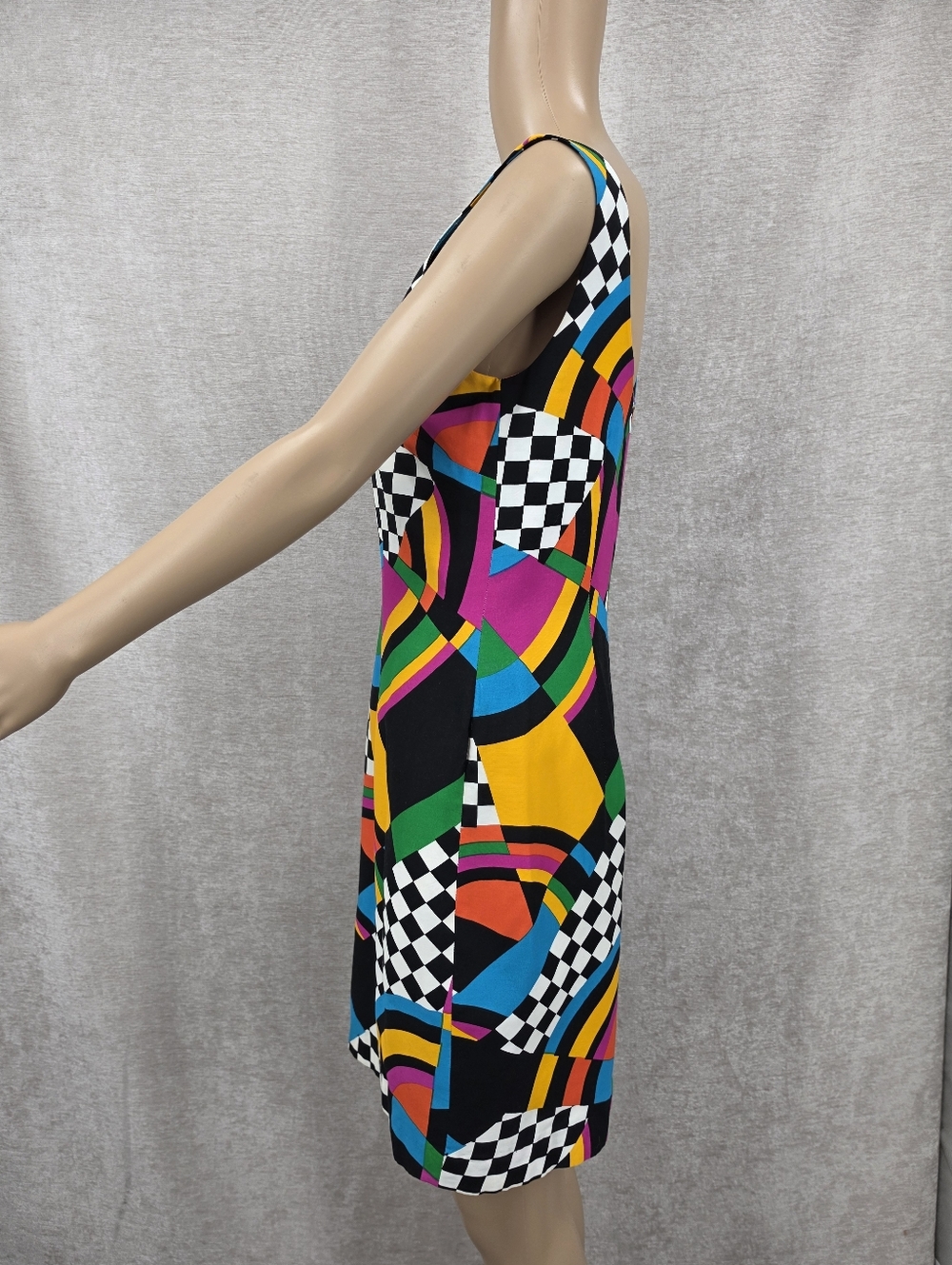 Vintage 80s Colorful Checkered Geometric Print Sleeveless Sheath Midi Dress - Picture 2 of 14